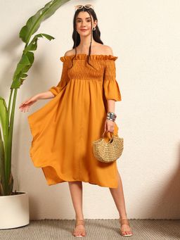 Tandul - Women Gathered Mustard Knee Length Dress
