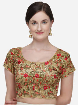 Amrutam Fab - Womens Embroidered And Sequins Work Beige Silk Stiched Blouse With Round Neck