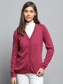 Monte Carlo - Women Solid Pink V-Neck Cardigan