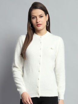 Monte Carlo - Women Solid Off White Round Neck Cardigan