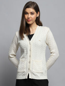 Monte Carlo - Women Off White V-Neck Full Sleeves Cardigan