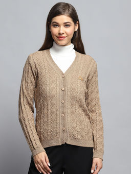 Monte Carlo - Women Beige V-Neck Full Sleeves Cardigan
