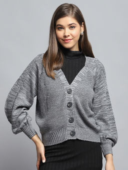 Monte Carlo - Women Solid Grey Full Sleeves Cardigan