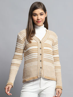 Monte Carlo - Women Stripes Beige Full Sleeves Cardigan