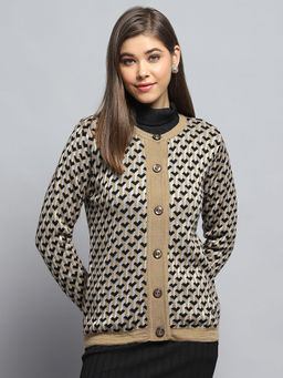 Monte Carlo - Women Beige Round Neck Full Sleeves Cardigan