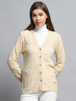 Monte Carlo - Women Cream V Neck Full Sleeves Cardigan