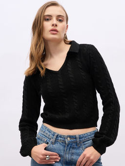 Styli - Women Black Cropped Length Collar Neck Sweater