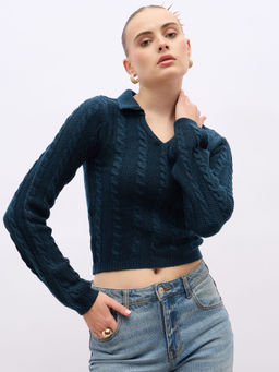 Styli - Women Navy Blue Cropped Length Collar Neck Sweater