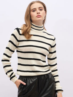 Styli - Women White Slim Fit Stripes High Neck Sweater