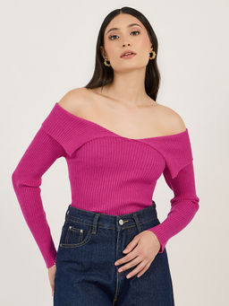 Styli - Women Pink Off Shoulder Slim Fit Sweater