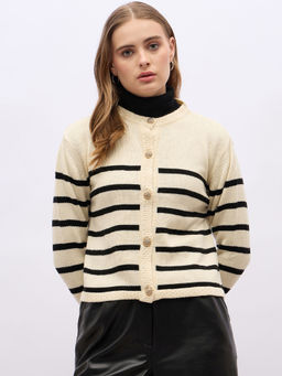 Styli - Women Off White Stripes Golden Button Cardigan