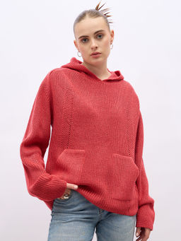 Styli - Women Red Regular Fit Hoodie Style Sweater