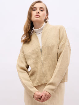 Styli - Women Beige Solid Zipper Cardigan