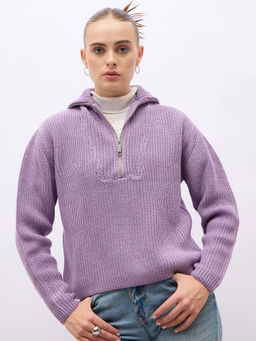 Styli - Women Lavender Boxy Zipper Sweater