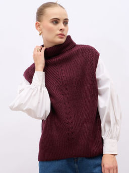 Styli - Women Maroon Turtle Neck Sleeveless Sweater