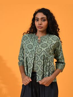 Maba India - Green Block Print Top And Shrug