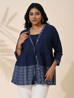 Maba India - Navy Blue Handwoven Cotton Top And Shrug