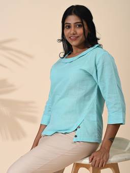Maba India - Blue Linen Cotton Boat Neck Top
