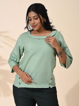 Maba India - Green Linen Cotton Boat Neck Top