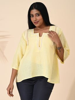 Maba India - Yellow Linen Embroidered Top