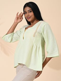 Maba India - Green Linen Embroidered Top
