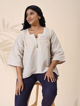 Maba India - Beige Linen Embroidered Top