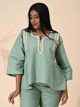 Maba India - Green Linen Embroidered Top