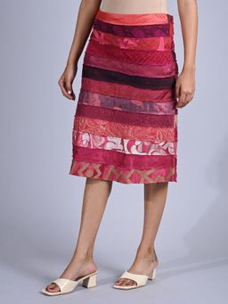 Maba India - Women Pink Silk Jacquard Upcycled A Line Skirt