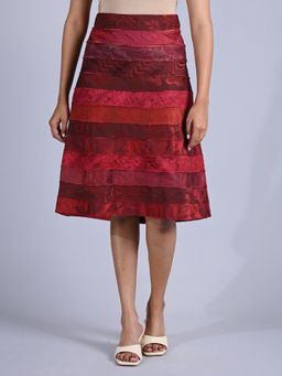 Maba India - Women Red Silk Jacquard Upcycled A Line Skirt