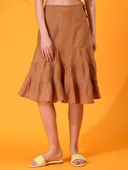 Maba India - Women Brown Layered Linen Skirt
