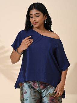 Maba India - Navy Blue Silk Satin Boat Neck Top