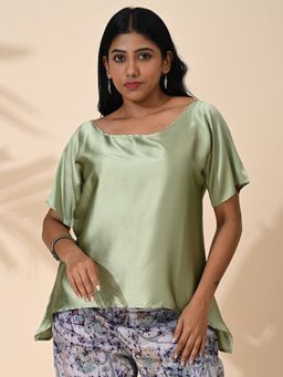 Maba India - Green Silk Satin Boat Neck Top