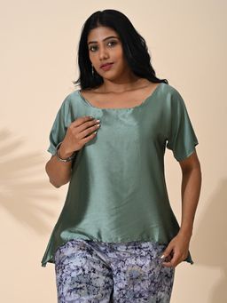 Maba India - Green Silk Satin Boat Neck Top