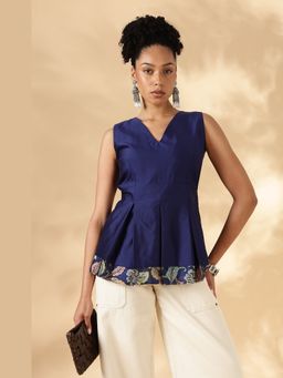 Maba India - Navy Blue Silk Cotton Layered Kalamkari Borders Fitted Top