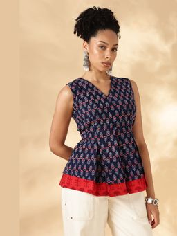 Maba India - Navy Blue Block Print Cotton Layered Fitting Straps Top