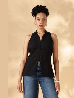 Maba India - Handloom Black Cotton Collared Vest