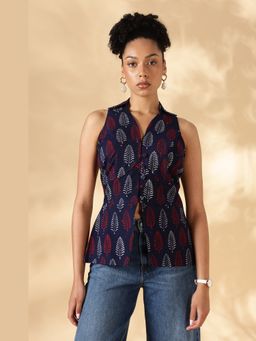 Maba India - Blue Block Print Cotton Collared Vest