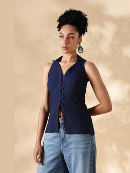 Maba India - Navy Blue Handloom Black Cotton Collared Vest