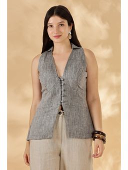 Maba India - Handwoven Linen Grey Collared Padded Vest