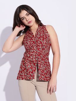Maba India - Maroon Floral Block Print Collared Vest