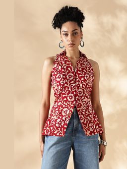 Maba India - Red Hand Block Print Collared Vest