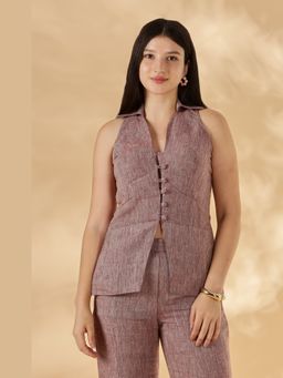 Maba India - Handwoven Linen Salmon Red Collared Vest