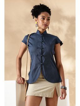 Maba India - Blue Stretch Khadi High Neck Top