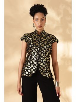Maba India - Black Pure Silk Jacquard Georgette Cheongsam Style Top
