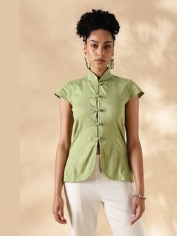 Maba India - Green Stretch Khadi High Neck Top