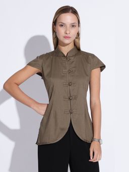 Maba India - High Neck Pankou Olive Cotton Top