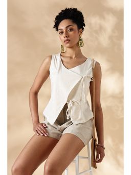 Maba India - White Cream Stretch Khadi Style Tie-Up Top