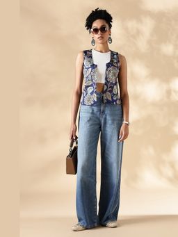 Maba India - Chanderi Hand Kalamkari Blue Coverup Vests