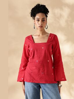 Maba India - Handwoven Red Heart Jamdani Fitted Short Top