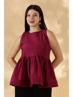 Maba India - Burgundy Silk Cotton Hot Pink Peplum Top